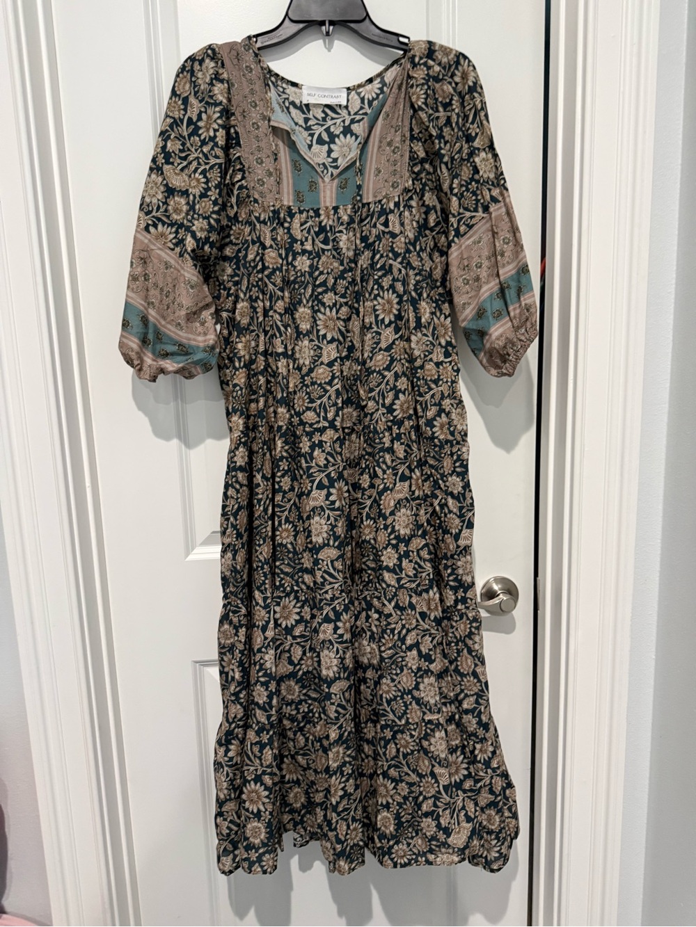 Boho Floral Teal and Taupe Tiered Midi Dress